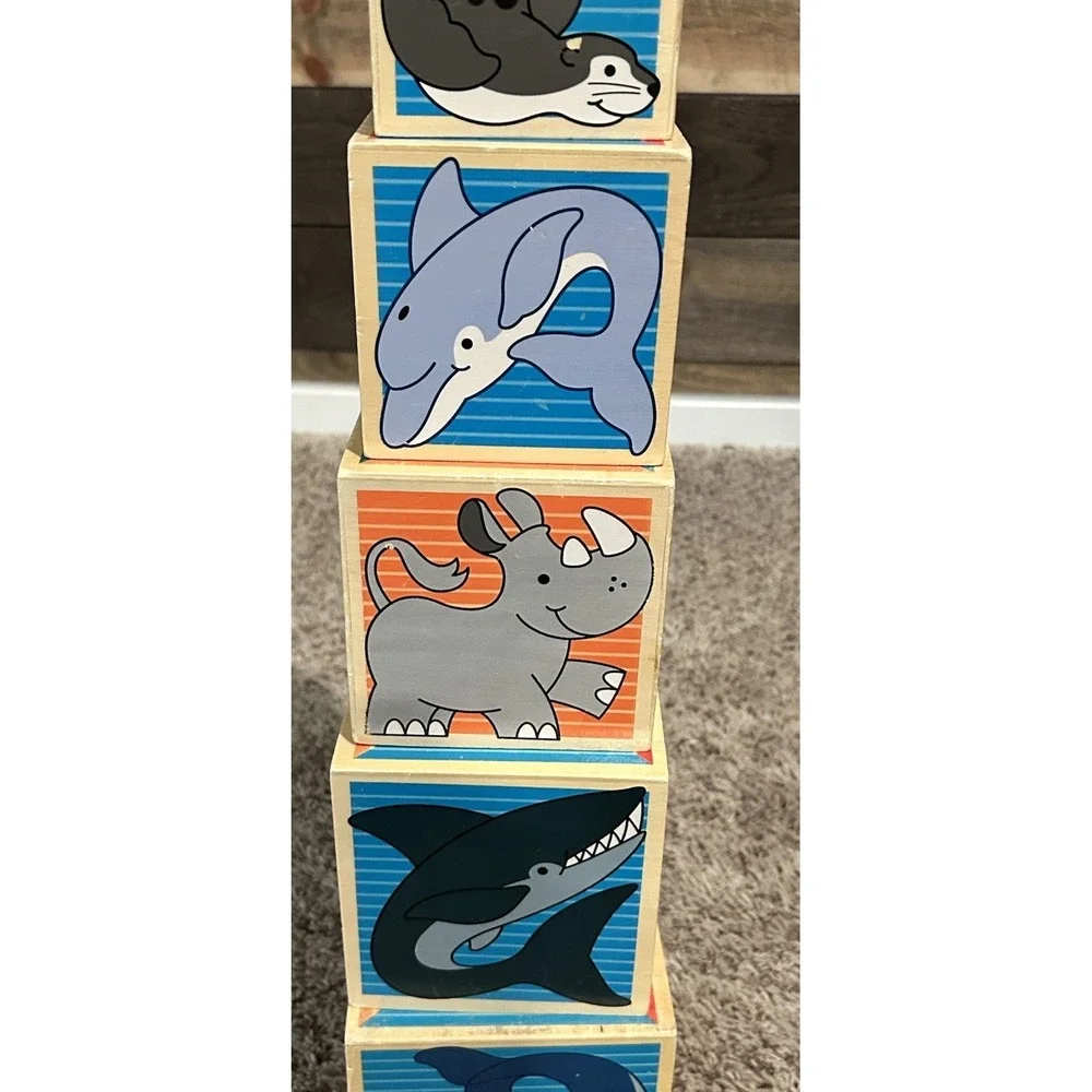 Vintage 7 Stacking TOY Wood BLOCKS‎ RETRO Box Animals 60s Era WHIMSY BABY